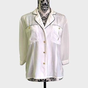 Vintage Ivory Blouse with Black Trim and Gold Buttons